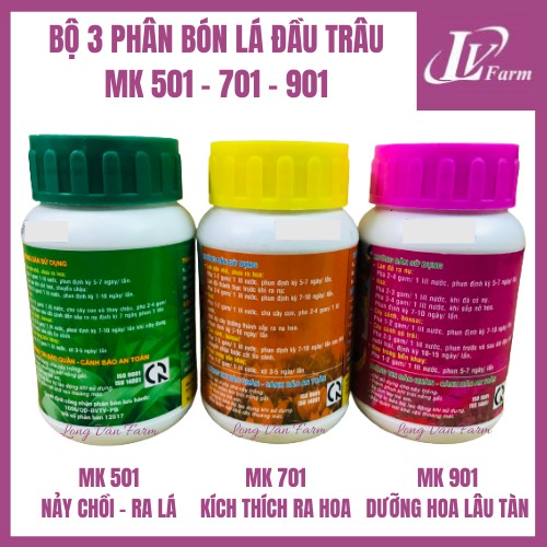 Bộ 3 Phân Bón Lá ĐẦU TRÂU MK 501-701-901 NPK - 100g - Nảy Chồi, Ra lá, Kích Thích Ra Hoa, Dưỡng Hoa Lâu Tàn