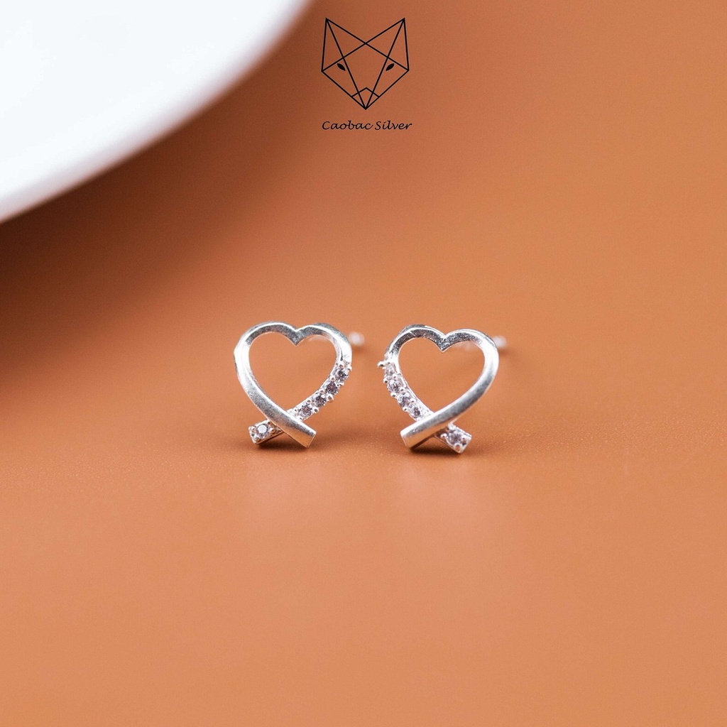 Khuyên Tai Bạc Ta Nữ CaoBac Silver Sợi Tim Một Hàng Đá Lấp Lánh Đơn Giản Đáng Yêu