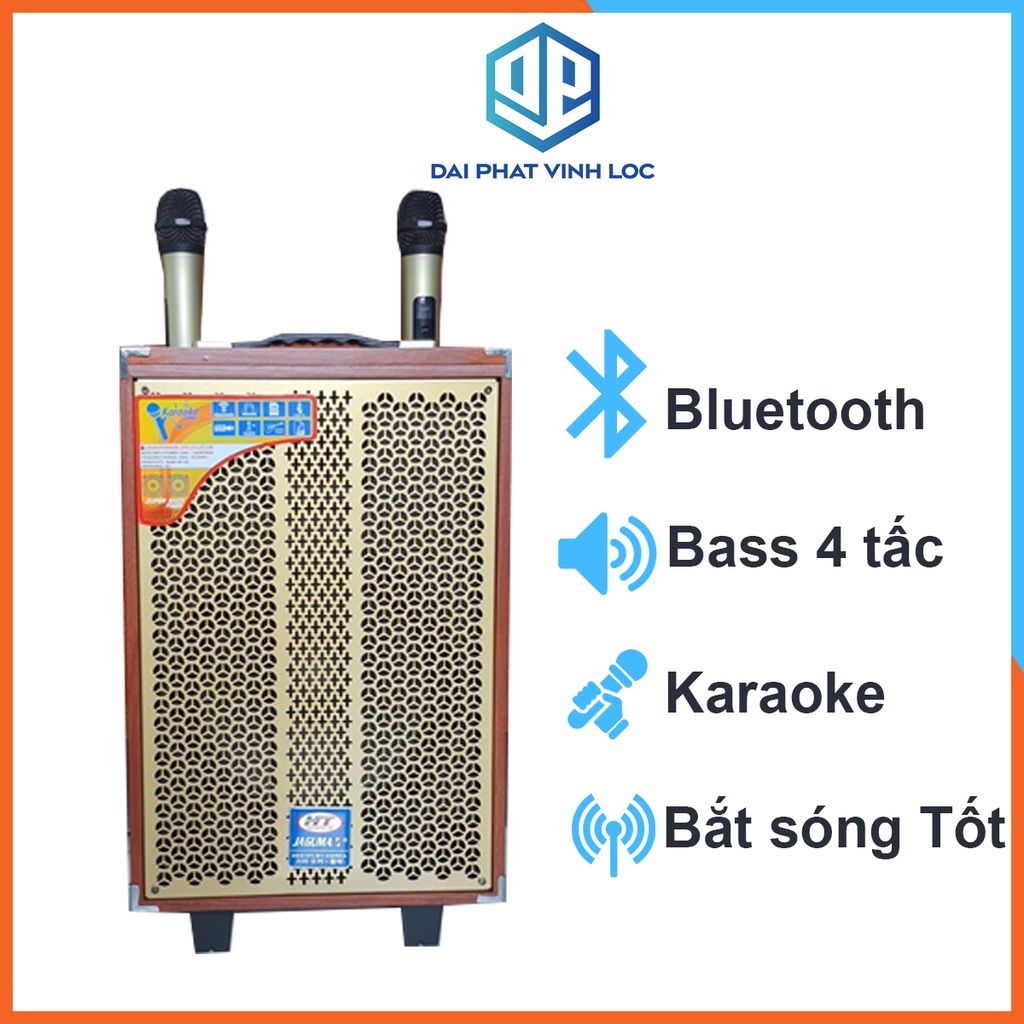 Loa Kéo Jagumax K-S412 4 Tấc Karaoke Đọc Được Usb Thẻ Nhớ guitar Công Suất 200w Tay Kéo Vân Gỗ Tặng 2 Mic Bluetooth