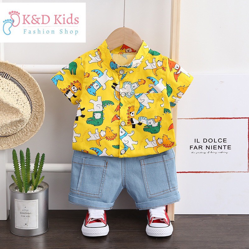 Set Áo Sơ Mi Con Thú Quần Jean Cho Bé Trai Màu Vàng 8-16kg