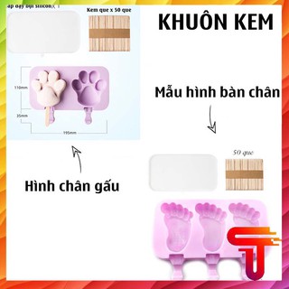Bộ khuôn làm kem silicon hình bàn chân(03 que)kèm 50 que gỗ và hình chân gấu(2 que)kèm 50 que gỗ