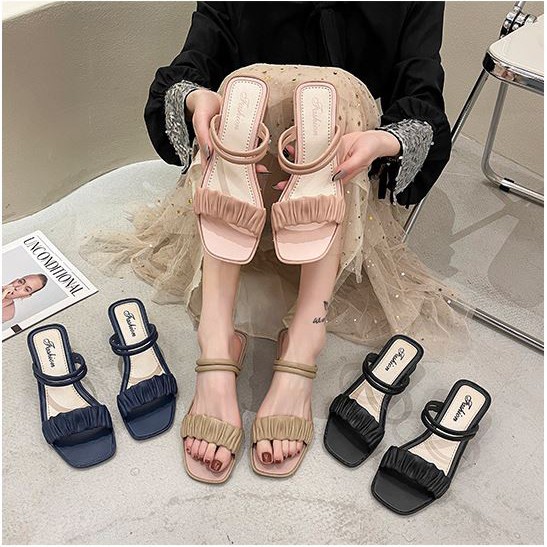 Sandal cao gót nữ quai nhún xếp ly siêu hot đế vuông 5 phân DN34