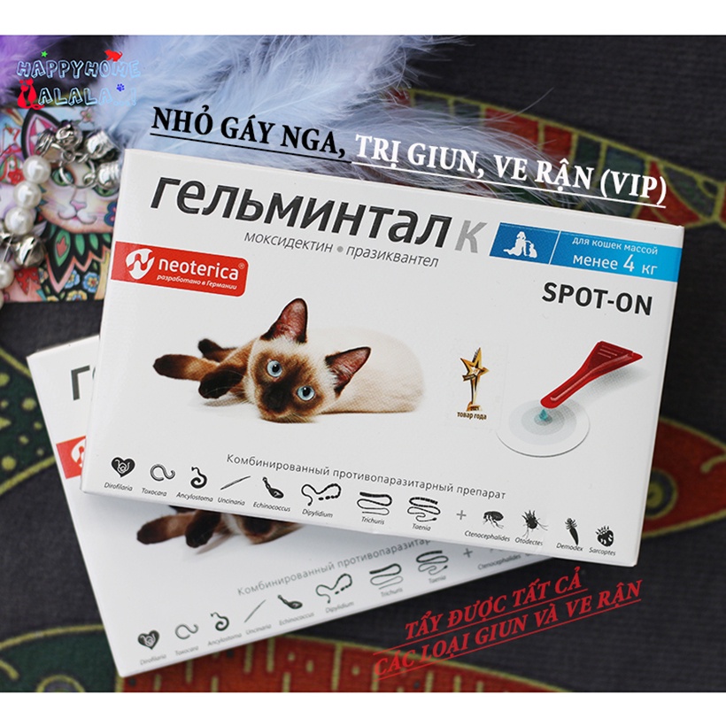 Nhỏ gáy trị ve rận và giun cho mèo chó Helmintal spot-on, 2 trong1 ( Nhập Nga trị được cả giun tim)