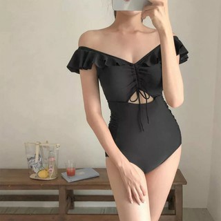 Bikini liền thân 1 mảnh đen bèo vai khoet eo trễ vai siêu nữ tính mặc đi biển đi bơi
