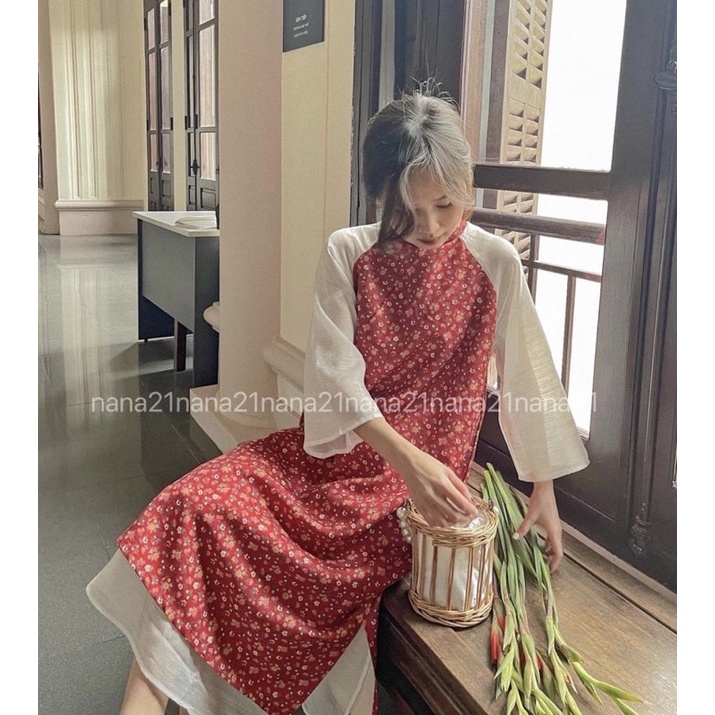 Đầm áo dài hoa cách điệu