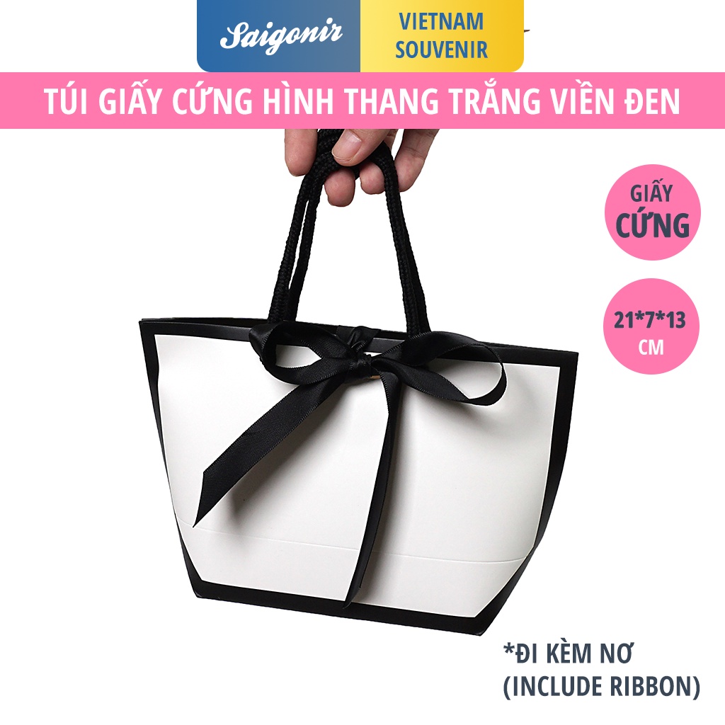 Túi giấy cứng Hình thang màu trắng đen kèm nơ ruy băng TGCMTVD01 Cao Cấp Kiểu Dáng Thời Trang Style Hàn Quốc-Saigonir