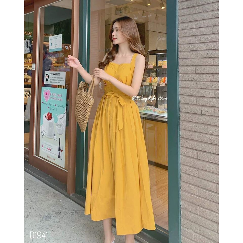 váy maxi vàng cúp ngực đan dây lưng đi biển