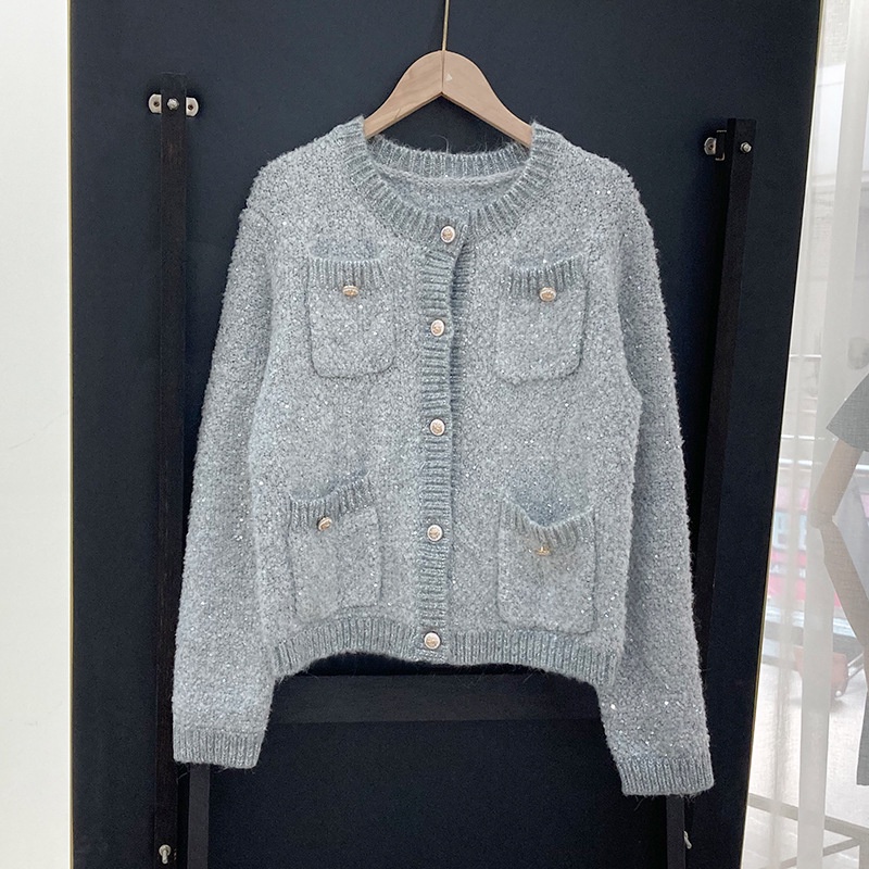 5BJS Maje 2022 French classic light blue sequin knitted cardigan short coat women's top