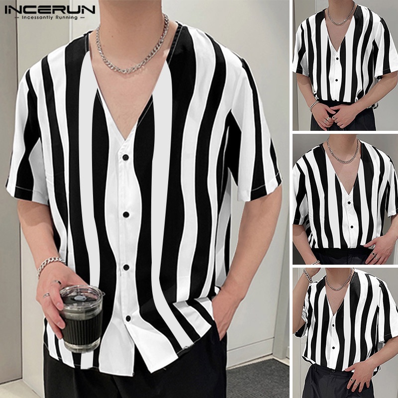 Áo sơ mi INCERUN tay lửng họa tiết kẻ sọc thời trang cho nam