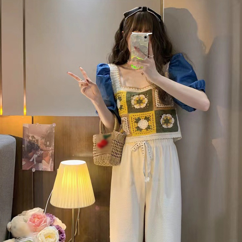 Brroa Áo Crop Top Dệt Kim Không Tay Cổ Vuông In Họa Tiết Hoa Mini Màu Sắc Tương Phản Phong Cách Vintage Dành Cho Nữ