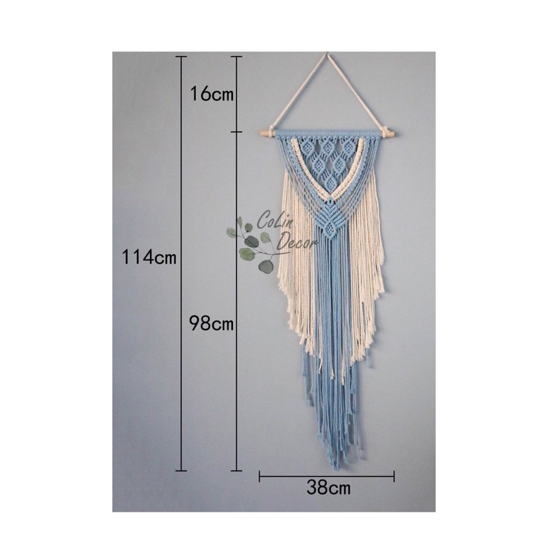 Mành treo tường macrame phối màu trắng xanh, trang trí, decor phòng