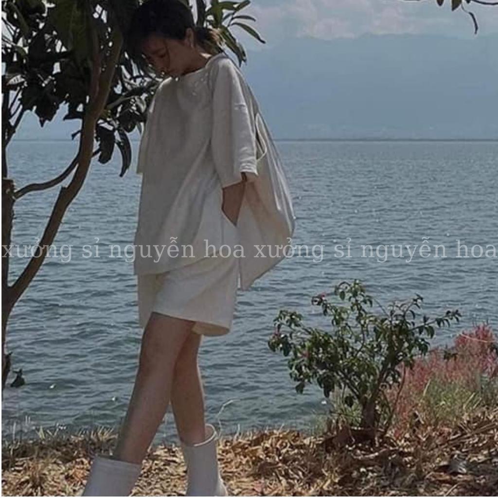 Bộ áo thun tay lỡ dáng rộng kèm quần đùi chất xốp mát form unisex 2 màu trắng đen nam nữ mặc được Xưởng Sỉ Nguyễn Hoa
