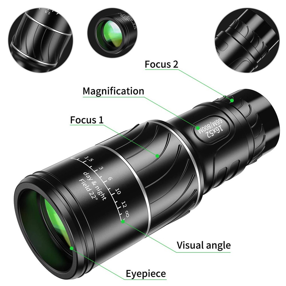 Ống Nhòm Một Mắt Cao 16X52 66 / 8000M Bằng Nhựa Hỗ Trợ Tầm Nhìn Ban Đêm