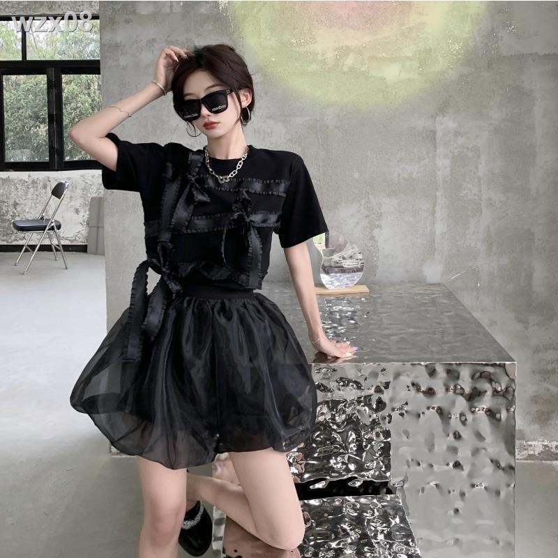Áo blouse ngắn tay thắt nơ nữ xuân hè phong cách mới Phiên bản Hàn Quốc của sợi lưới thời trang là xu hướng váy