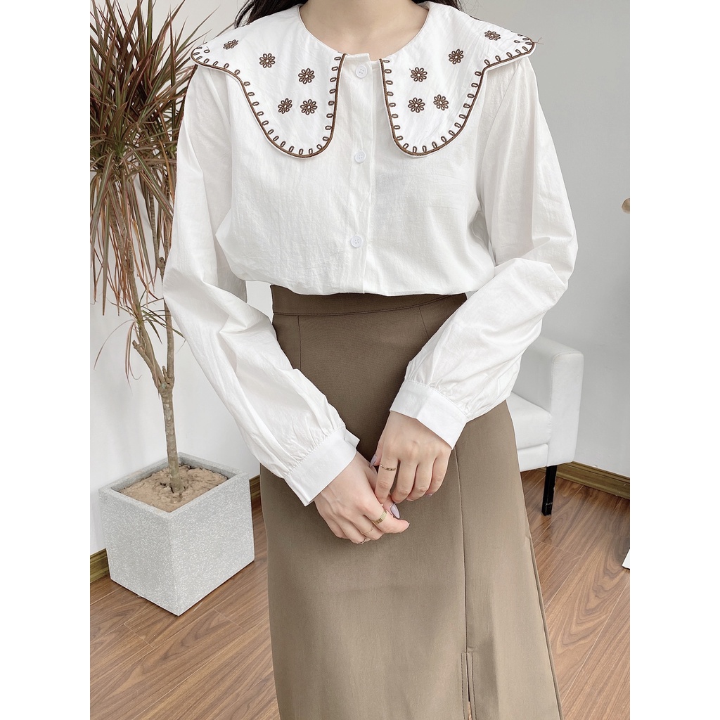 ÁO THÊU VIỀN CỔ 5 BÔNG HOA TRÒN 805