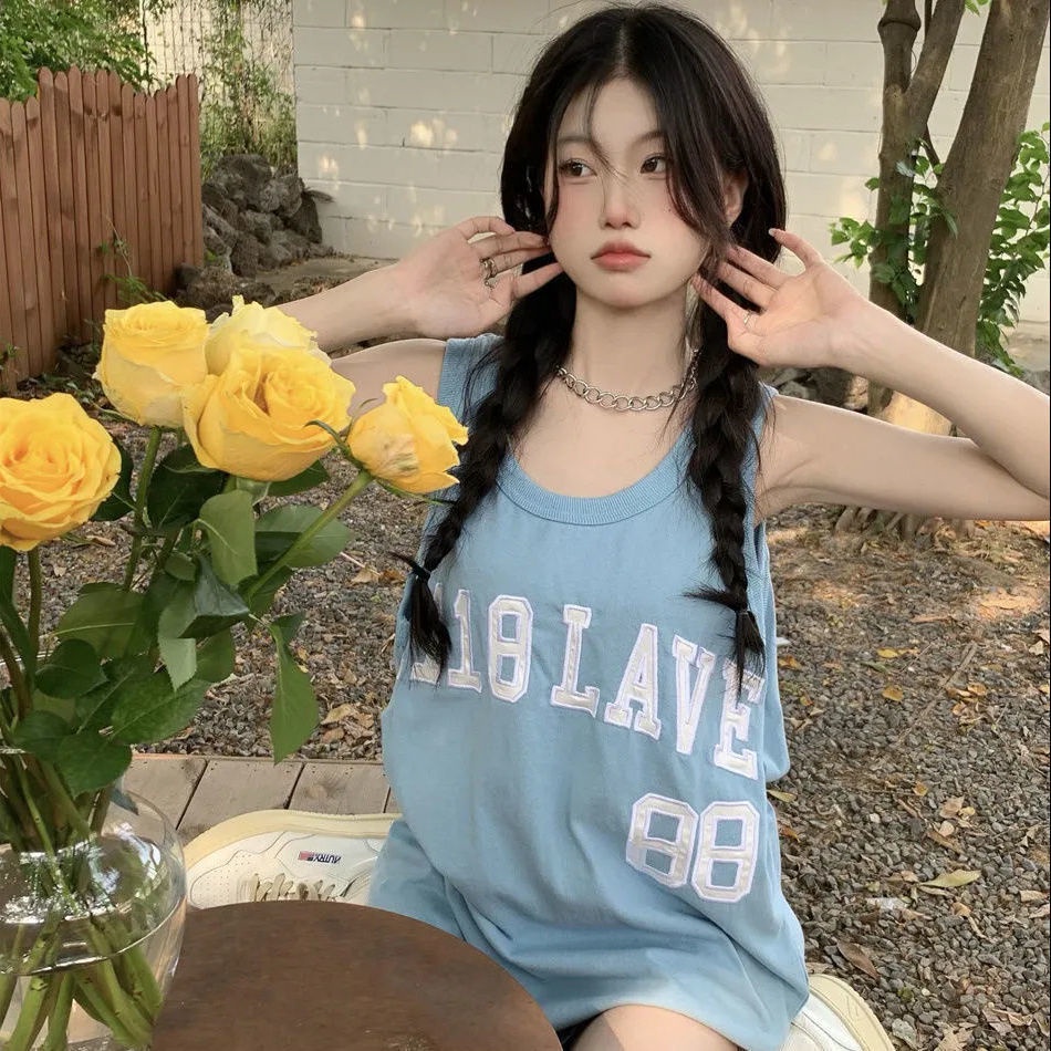 Jiashucheng Áo Thun Ba Lỗ Thể Thao Dáng Rộng In Chữ Phong Cách Hip Hop Mỹ Thời Trang Mùa Hè Cho Cặp Đôi