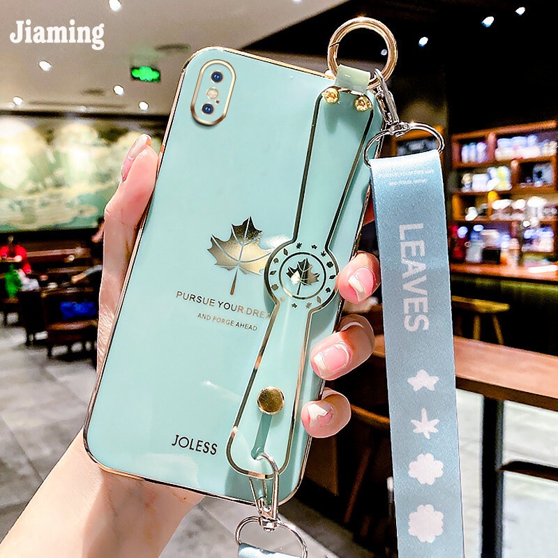 Ốp Điện Thoại Viền Lá Phong Mạ Điện Sang Trọng + Dây Đeo Cổ Tay Cho iPhone X XS Max XR