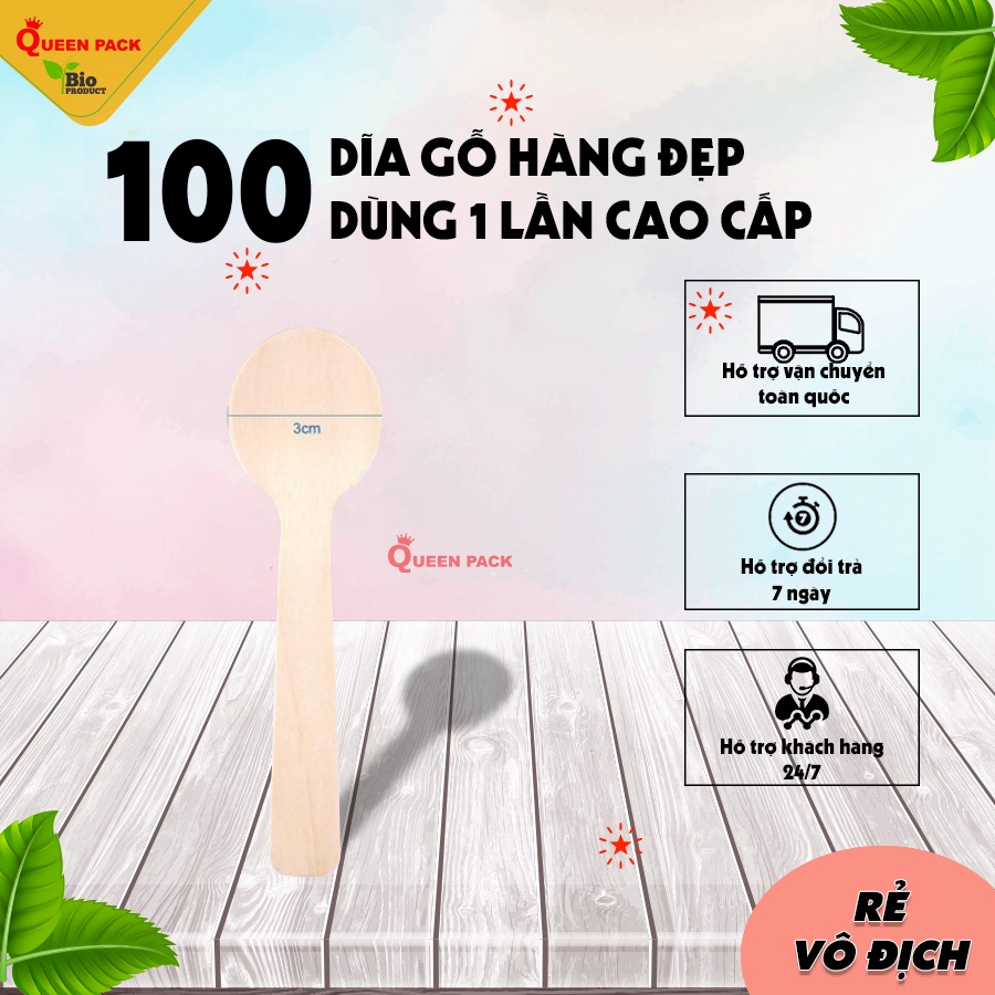 100 Thìa gỗ loại 10cm xúc kem dùng 1 lần hàng cao cấp