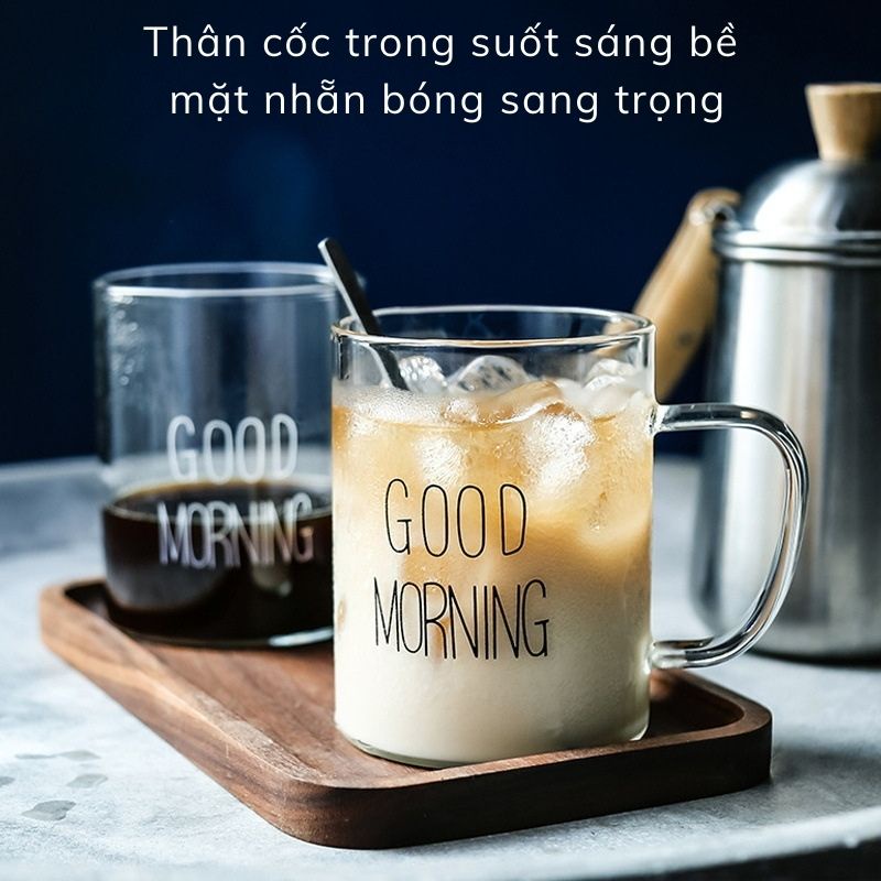 Ly thủy tinh chịu nhiệt uống nước dễ thương GOOD MORNING trụ tròn cốc thủy tinh cute trong suốt - Shop28Decor.com