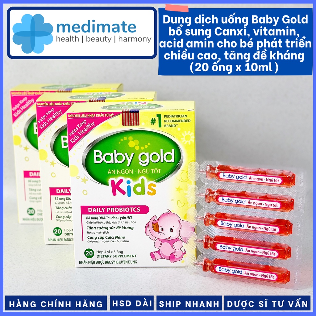 Dung dịch uống Baby Gold Ăn Ngon Ngủ Tốt bổ sung Canxi, Vitamin cho bé phát triển chiều cao, tăng sức đề kháng (20 ống)