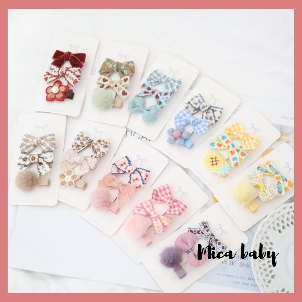 Set 3 kẹp tóc họa tiết nơ, hoa xinh xắn cho bé gái KT25 Mica Baby
