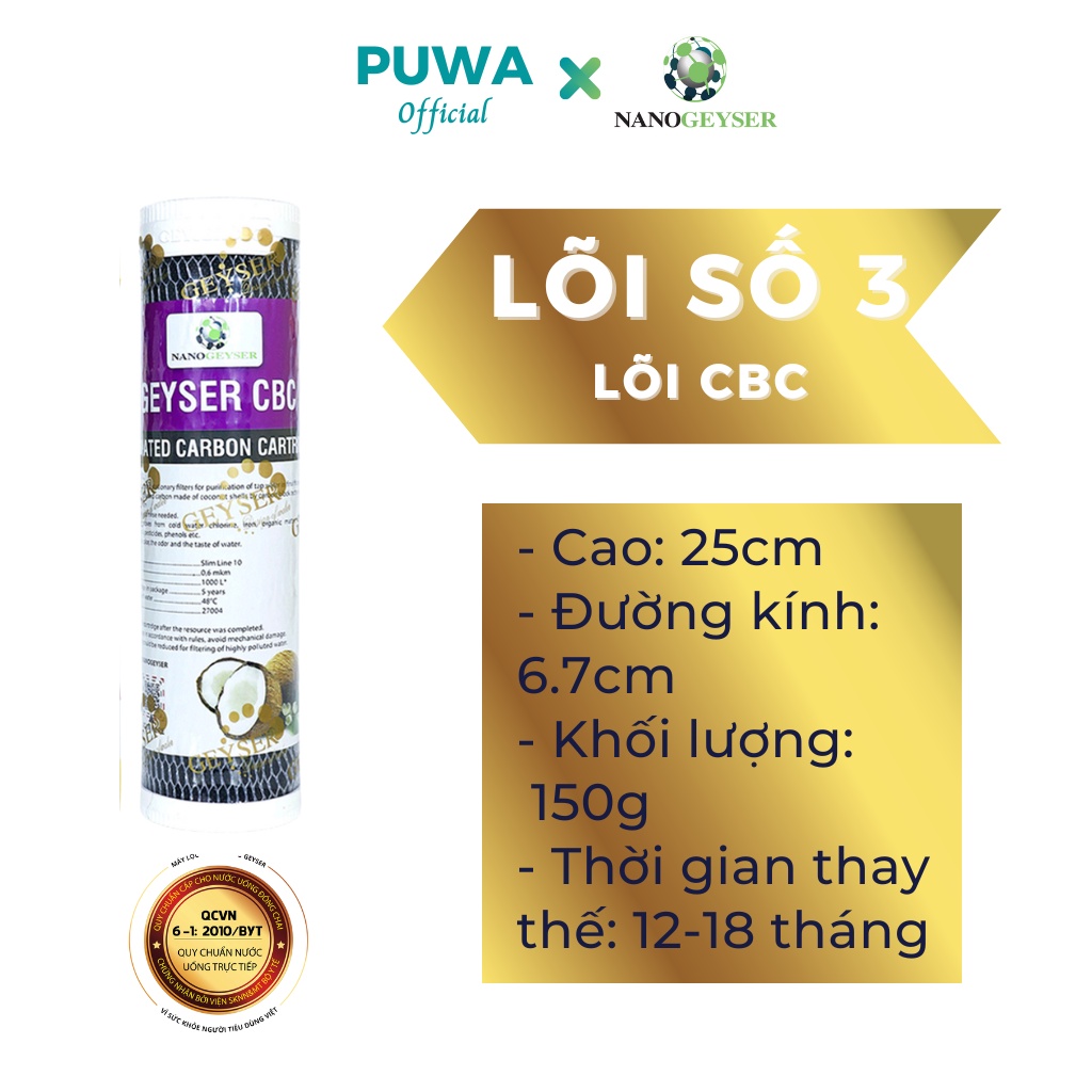 Bộ lõi máy lọc nước Ecotar 3, Ecotar 6, Nano Geyser, Bộ lõi lọc nước 123  gồm Ecotar Aragon CBC