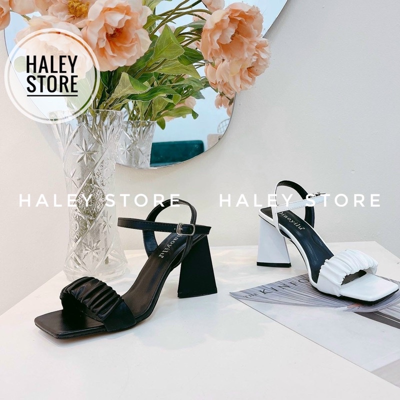 Giày sandal nữ HALEY STORE quai ngang nhún nhúm bèo gót tam giác thời trang rẻ bền đẹp phong cách tiểu thư sang trọng