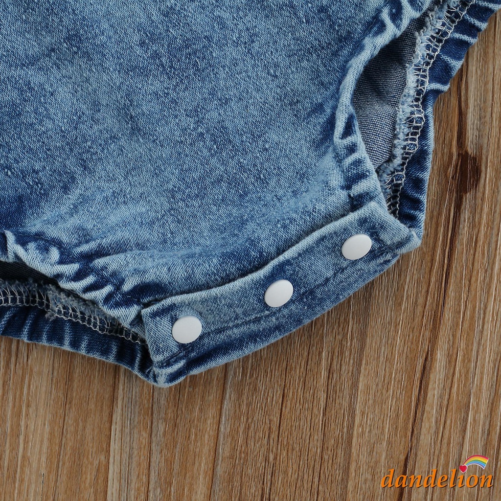 Bộ Áo Liền Quần Denim Tay Cánh Tiên Thêu Họa Tiết Cầu Vồng + Băng Đô