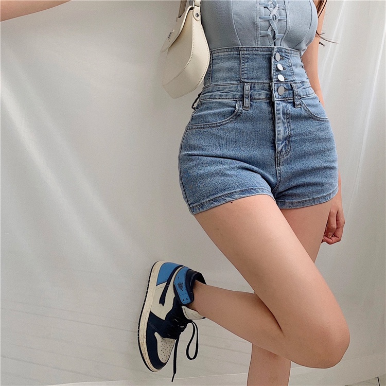 DUNEA Quần Short Denim Lưng Cao Phối Hàng Nút Thời Trang Cho Nữ