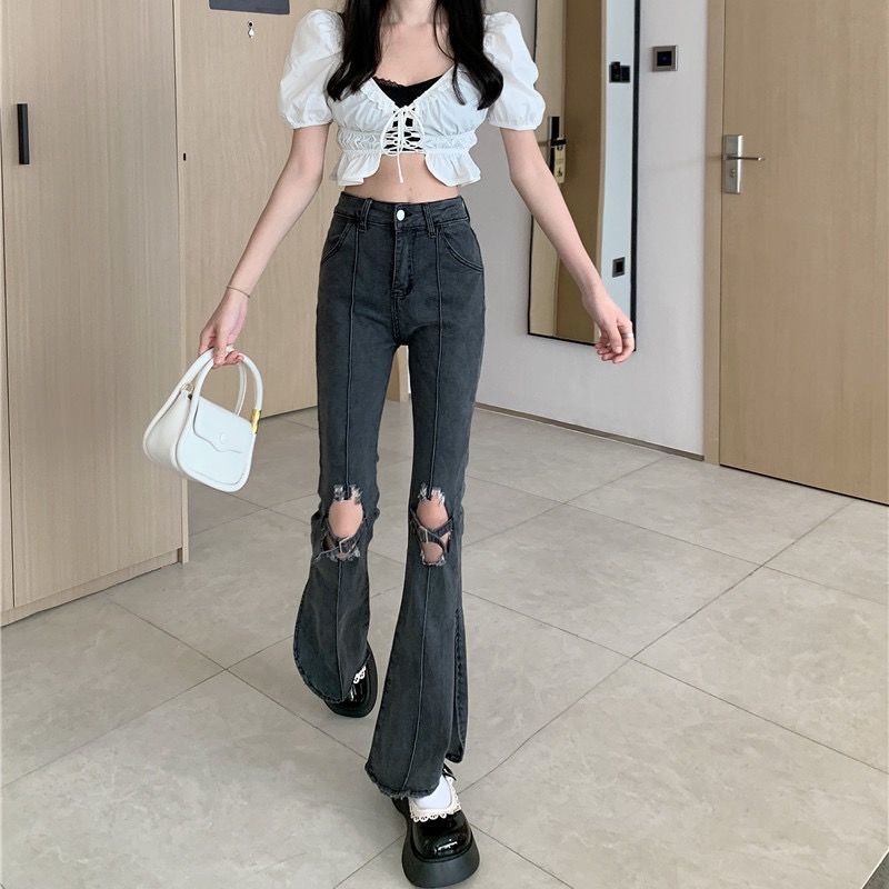 Quần Jean Nữ Lưng Cao Ống Đứng Rách Gối Kiểu Retro Thời Trang Xuân Thu Mới 19