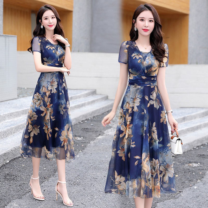 Đầm voan hoa nữ hè 2021 size lớn mới tay ngắn, kiểu tây mẹ ôm bụng váy dài trung