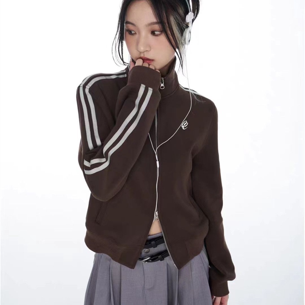 [Cotton Tinh Khiết] Áo Khoác Thể Thao Dáng Ngắn Có Dây Kéo Đôi Thêu Họa Tiết Phong Cách Retro Mỹ