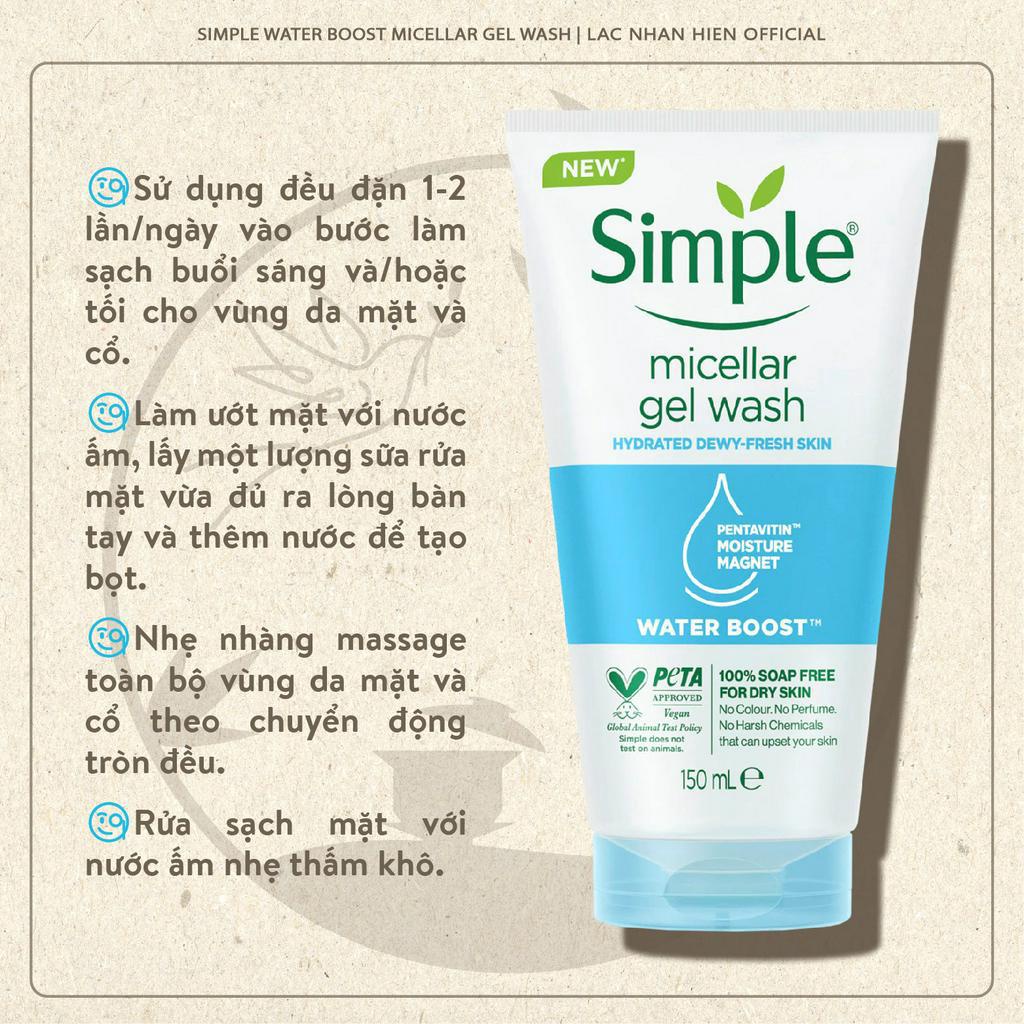 SỮA RỬA MẶT CẤP ẨM LÂU DÀI SIMPLE WATER BOOST MICELLAR GEL WASH CHO DA NHẠY CẢM KHÔ VÀ MẤT NƯỚC