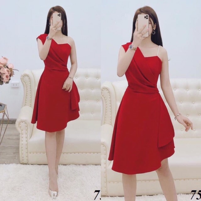 🍒Đầm dự tiệc xoè dây ngọc 1 bên vai (Free/big size XL, 2XL)