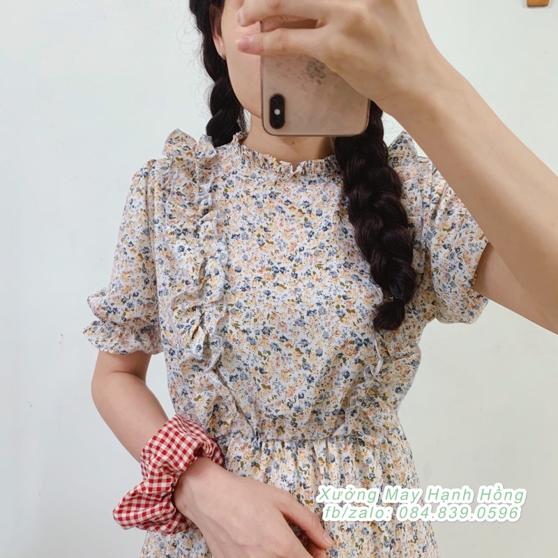 Váy hoa Ulzzang Quảng Châu viền bèo nâu cực xinh