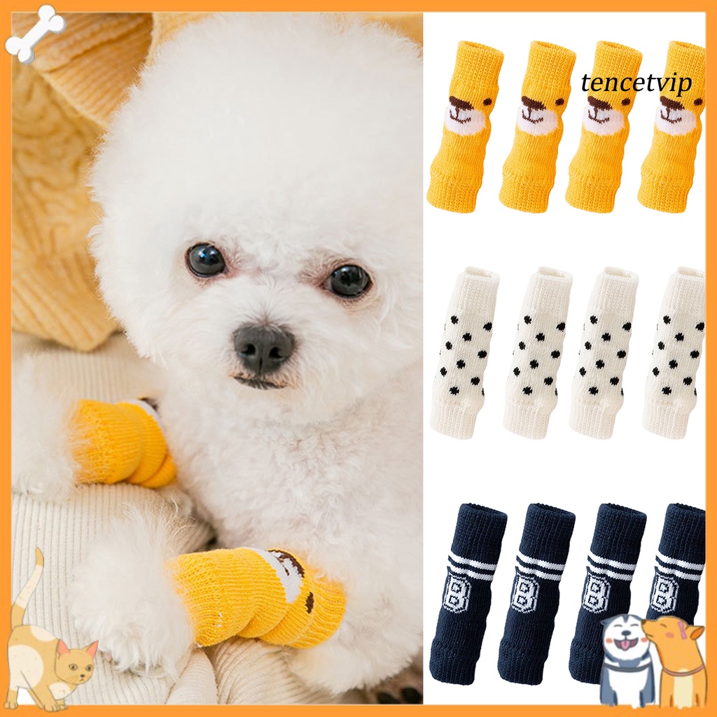 Set 4 Đôi Tất Dệt Kim Chống Trượt In Hình Dấu Chân Cún Dễ Thương Giữ Ấm Mùa Thu