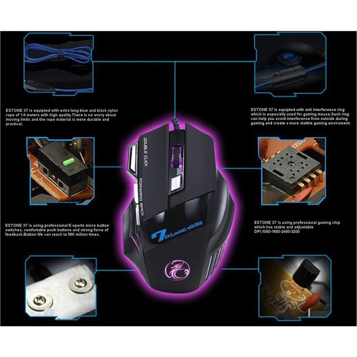 Chuột Gaming Imice X7 – Chính hãng – Knight of Darkness – Hiệp sĩ bóng đêm – Led đổi màu – Độ nhạy 3200 DPI