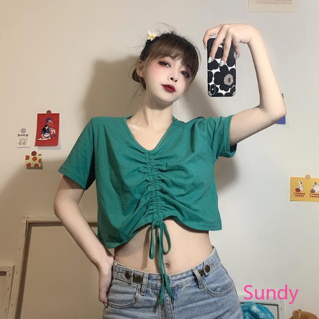 Áo Croptop Dáng Rộng Cổ Chữ V Màu Trơn Phối Dây Rút Kiểu Hàn Quốc Cho Nữ