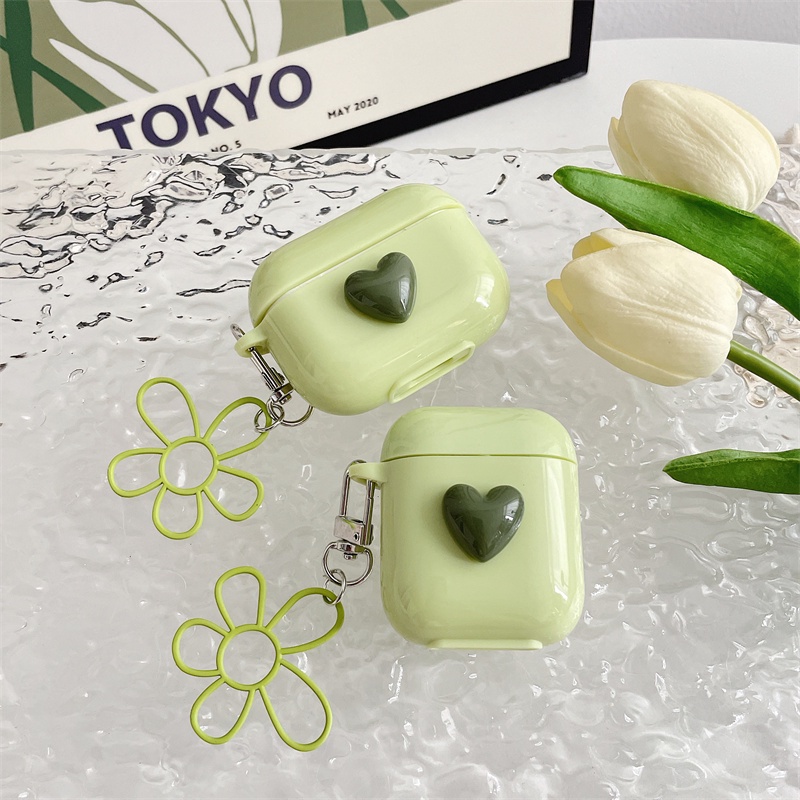 Vỏ bảo vệ hộp sạc tai nghe Airpods 1 2 Pro màu xanh Matcha họa tiết trái tim dễ thương