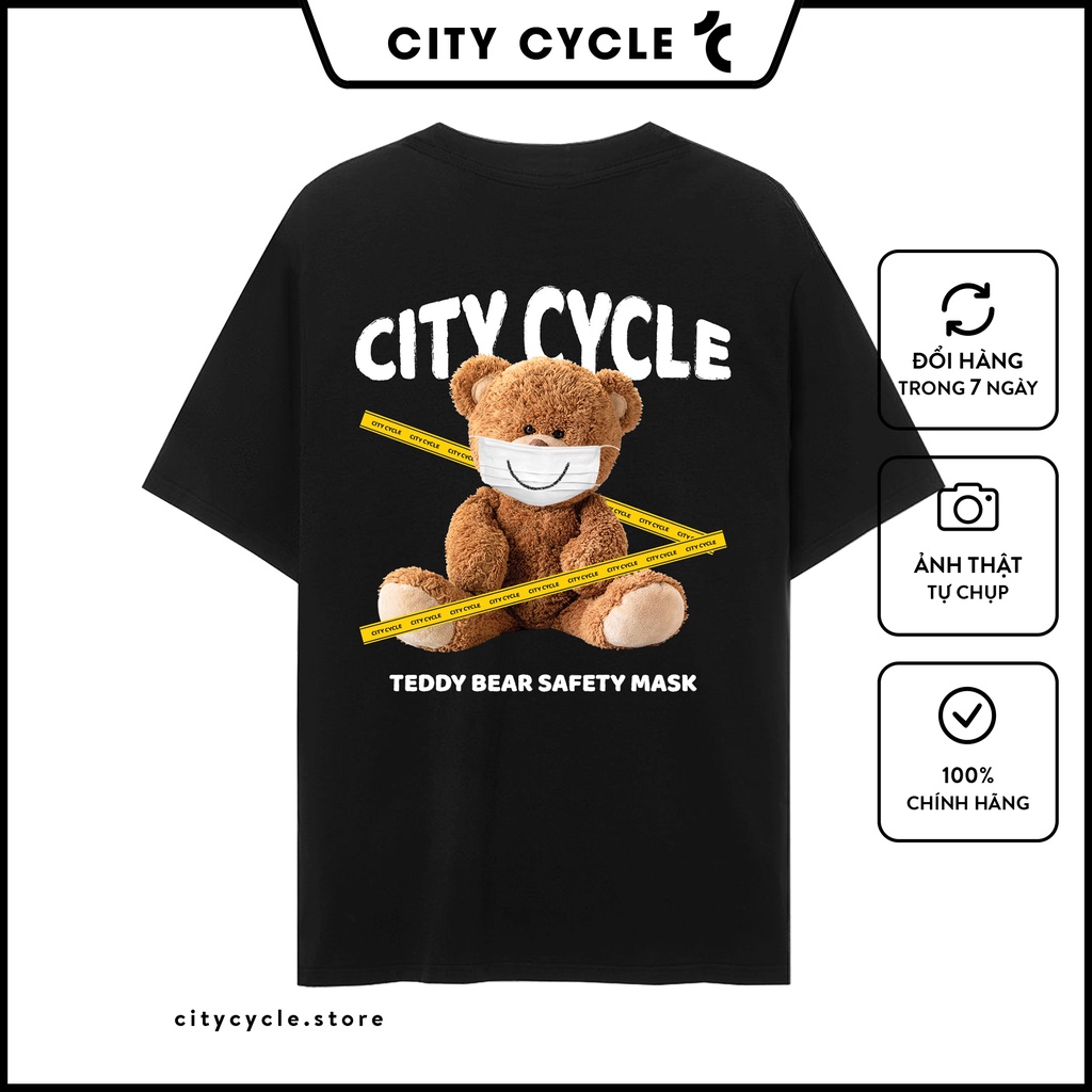 Áo thun tay lỡ Safety Bear form rộng City Cycle - áo thun adlv gấu teddy bear in hình độc đáo big size, 2 màu đen trắng