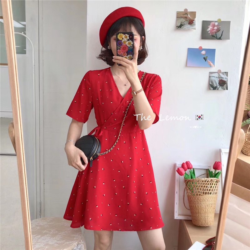 Đầm xoè cổ chữ V in hoa phong cách cổ điển