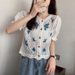 Áo lưới cộc tay thêu hoa tím