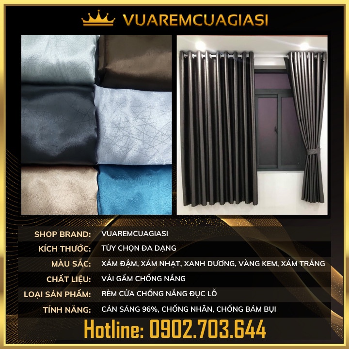 Rèm cửa xám đậm may rido, ore đục lỗ, dán tường dùng trang trí nhà cửa chính, vải màn cửa sổ