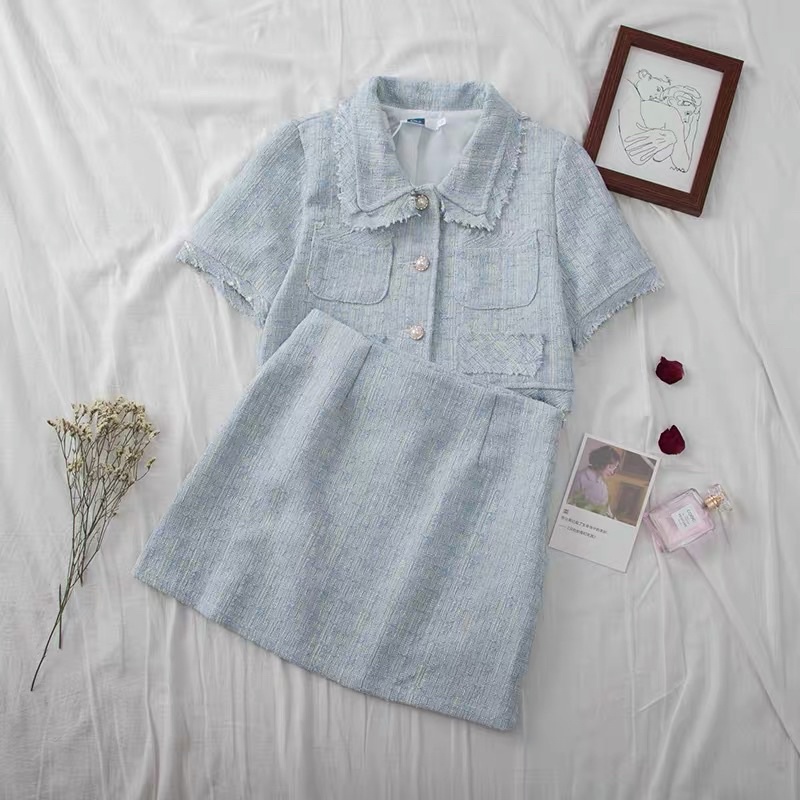 Set áo khoác ngoài cộc tay + chân váy dạ tweed tua rua màu xanh phối cúc ngọc