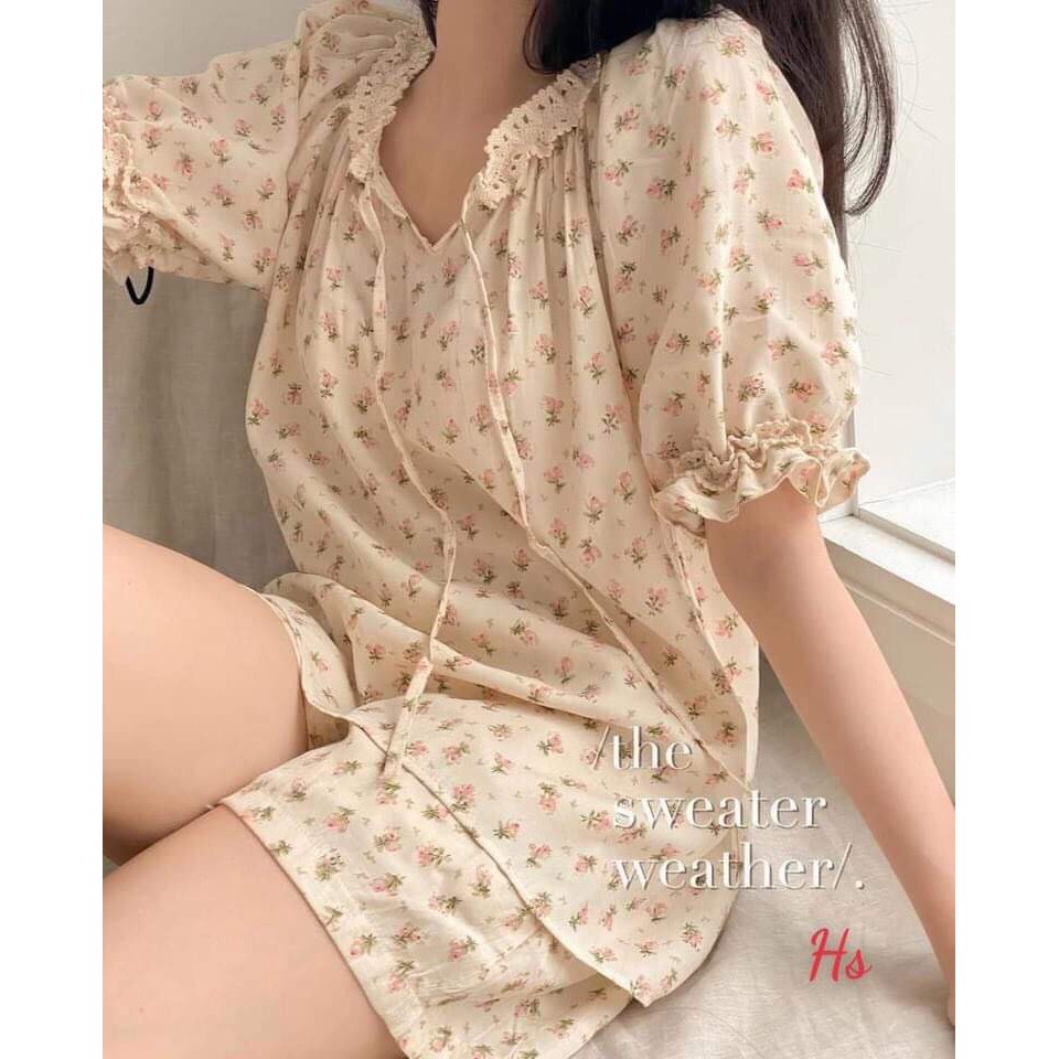 Sét đồ bộ mặc ở nhà hoa nhí viền bèo điệu, có size S-XL, chất bozip, có ảnh và video thật