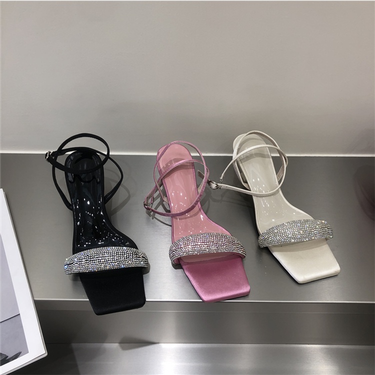 2022 new summer one-line high heel sandals rhinestone open toe white stiletto mid heel square toe women's shoes 0pDo