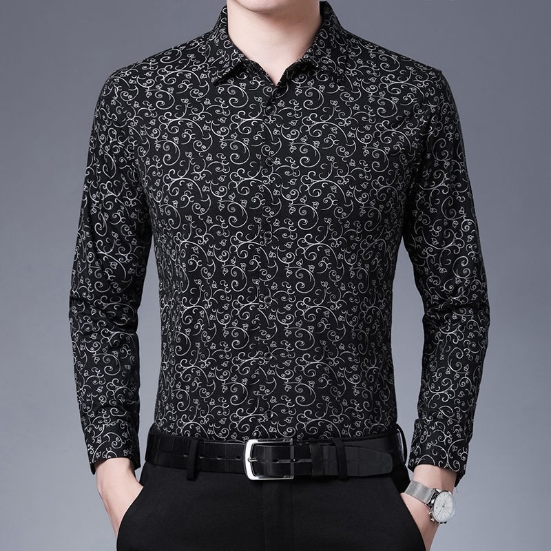 【Non-iron shirt】Men Formal Button Smart Casual Plus Size Long Sleeve Slim Fit New men's long sleeve floral shirt thin middle-aged and elderly business loose large no iron printed shirt fashionable men's floral