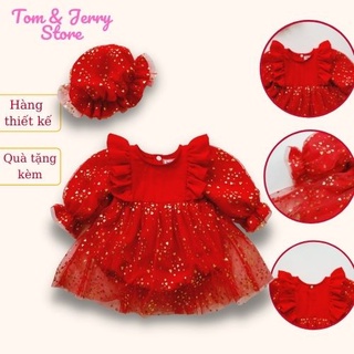 Bộ quần áo trẻ em Đầm body bé gái màu đỏ họa tiết trái tim tặng kèm mũ đồng bộ thích hợp mặc tết, làm quà tặng