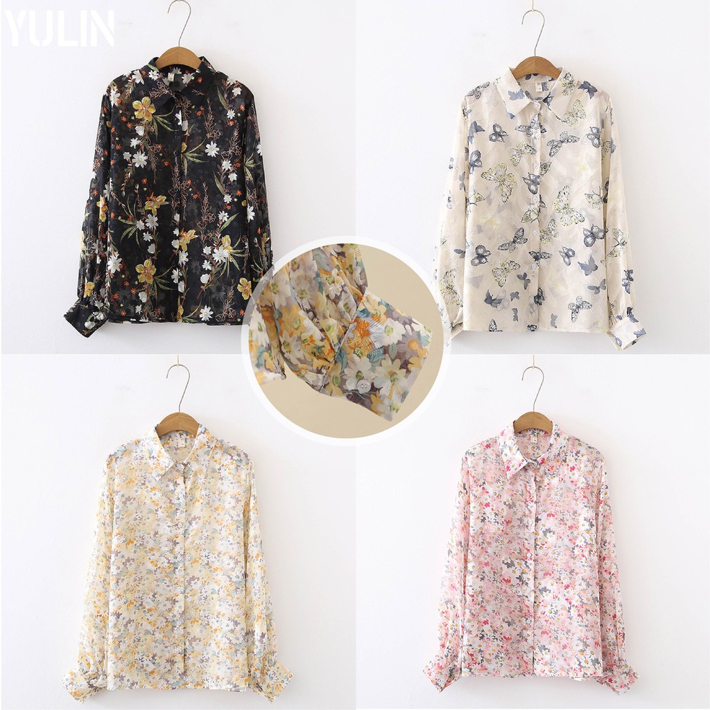 【🔥Spot sale🔥】【Free KN95】Embroidered blouse 2021 new female fashion wild Western style chiffon shirt female lantern sleeve shirt female Autumn and winter Korean version of the new all-match slim solid color Korean style fashion lapel loose wil