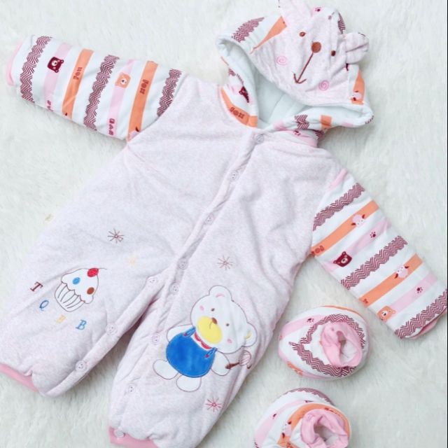 Body trần bông in hình ngộ nghĩnh Bodysuit liền thân dài tay cài giữa 3 lớp dày ấm cho bé trai bé gái mặc thu đông